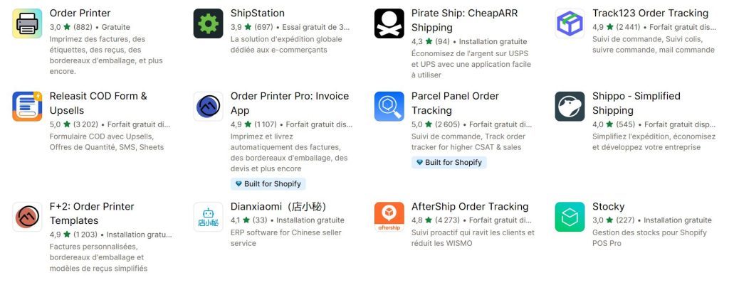 exemples d'applications Shopify pour la gestion des stocks, commandes et livraisons